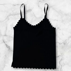 MINE Cropped Spaghetti Strap Scalloped Trim Black Tank Top Sz L